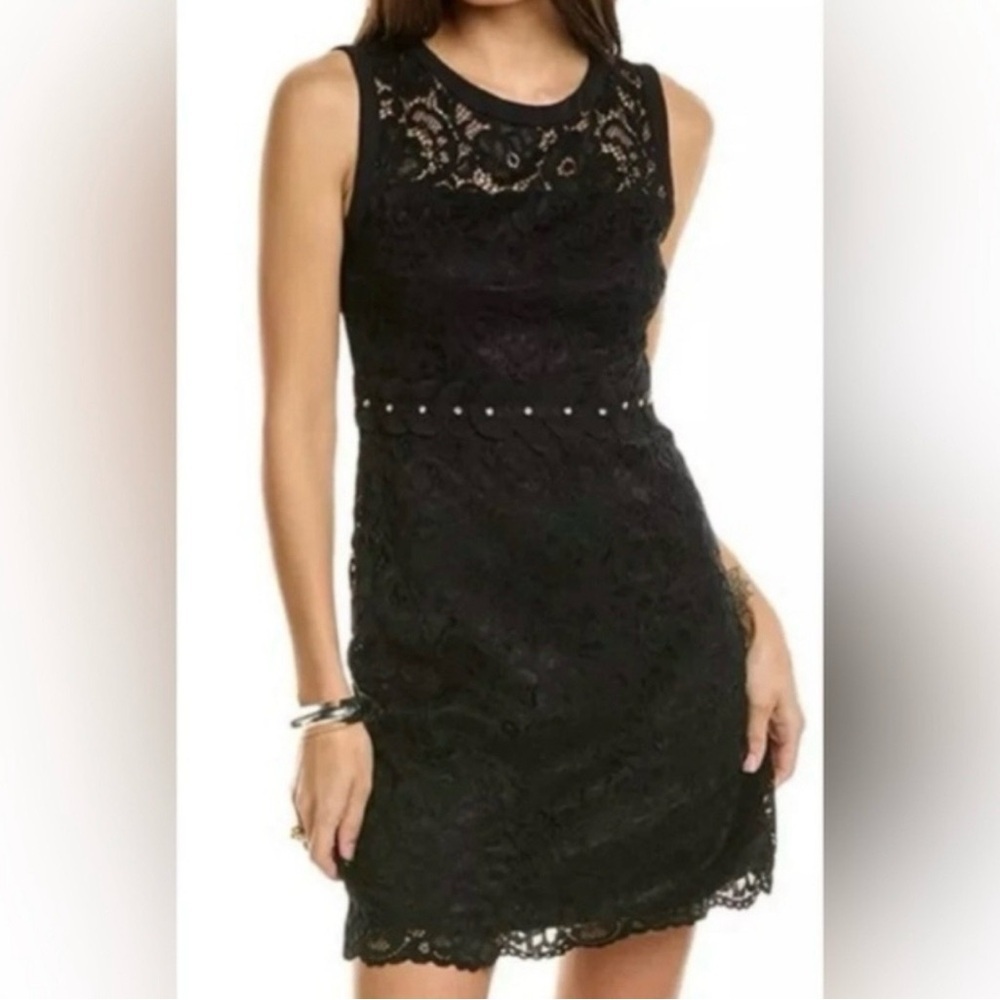 Sam Edelman Lace Sheath Mini Dress Womens 2 Black Floral Scallop Trim Rhinestone